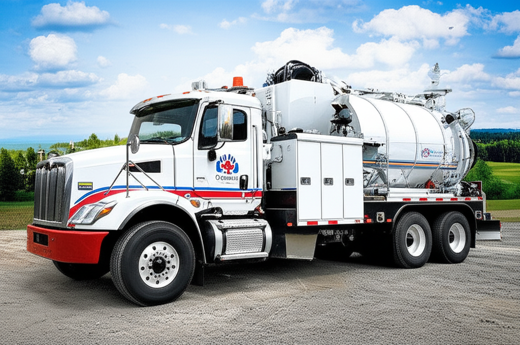 Canadian Hydrovac truck with a Canadian landscape background