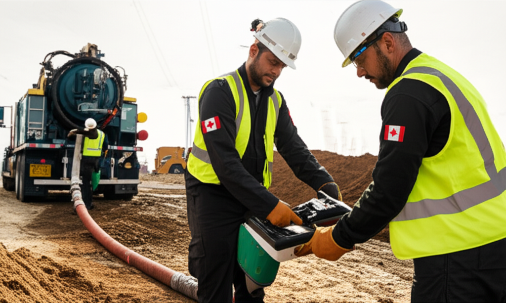 Two hydrovac operators collaborating on a job site with a Canadian flag on their uniform